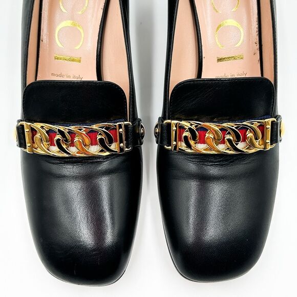 Gucci Heels Sylvie Pumps Black Loafers 55 Block Web Heel Chain 39.5, US 9.5 - Picture 12 of 14